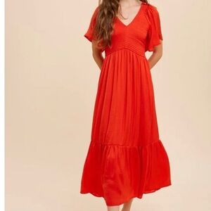 In Loom Maternity Satin Smocked Midi Dress - Red